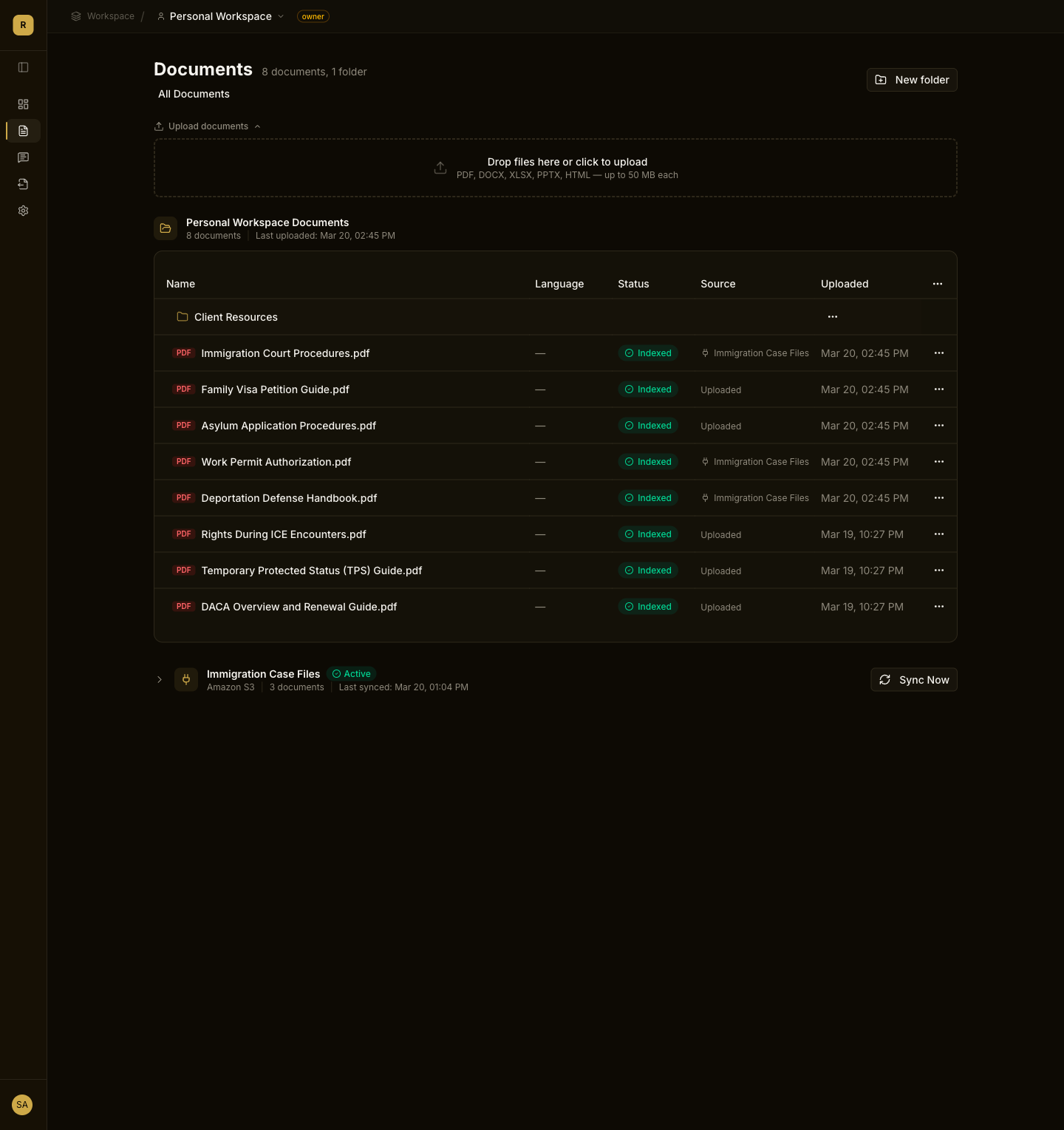 Document library showing parsed documents