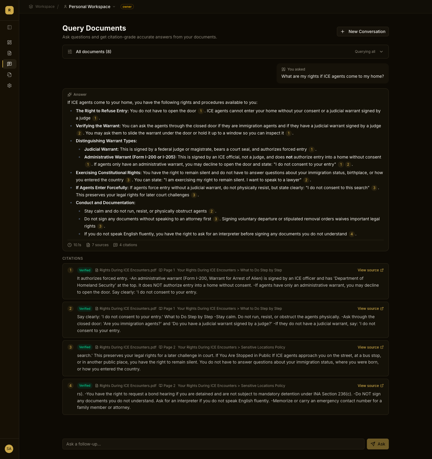 Q&A interface with citation highlights